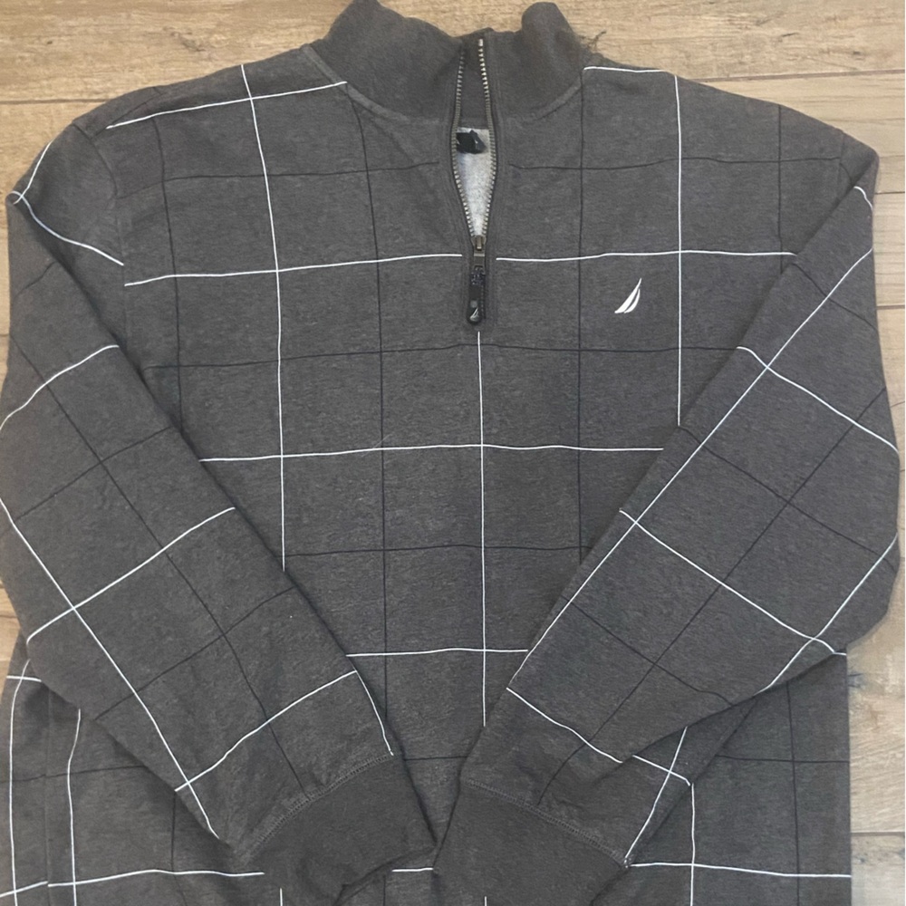 Nautica Men's Charcoal 1/4 Zip-Up Sweater with White Grid - Picture 7 of 10